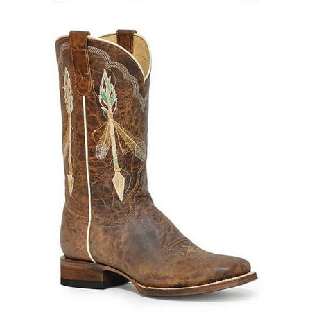 Women s Roper Arrow Feather Leather Boots Handcrafted with Flextra Calf Brown