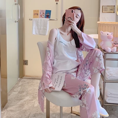 PIKADINGNIS Women Pajamas Set Sling silk Pajamas 3 Peices Sleepwear for Women Long Sleeves Breathable Sexy Robe Homewear SexyTop+ Pant