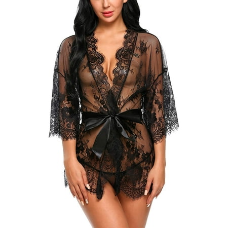 Women s Lace Kimono Robe Mesh Chemise Lingerie Mesh Nightgown