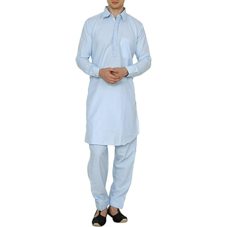 Royal Kurta Men s Cotton Blend Thread Embroidered Pathani Suit (40 Sky Blue)