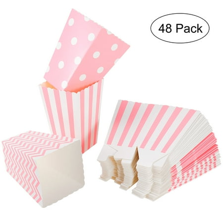 

NUOLUX 48pcs Popcorn Carton Rugby Stripe Wave Dot Pattern Decorative Dinnerware for Birthday Parties / Baby Showers / Graduations (Light Pink)