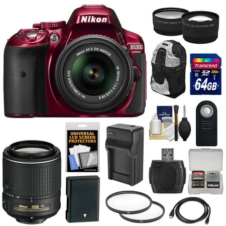Nikon D5300 Digital SLR Camera & 18-55mm G VR II Lens (Red) with 55-200mm VR II Lens + 64GB Card + Backpack + Battery & Charger + Tele\/Wide Lens Kit Nikon D5300 Digital SLR Camera & 18-55mm G VR II Lens (Red) with 55-200mm VR II Lens + 64GB Card + Backpack + Battery & Charger + Tele\/Wide Lens Kit