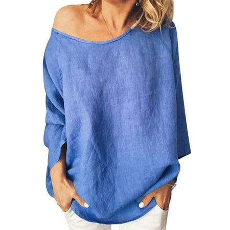 Women Crew Neck 3/4 Sleeves Round Hem Solid Color Blouse