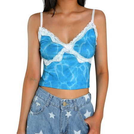 Binpure Women s Tie Dye Camisoles Sleeveless Lace Patchwork Crop Cami Tops