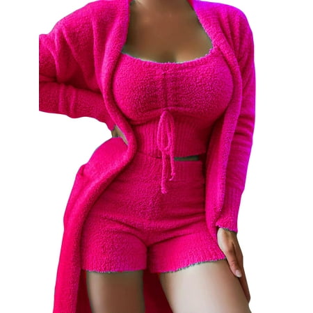 

Avamo Ladies Baggy Elastic Waist Sleepwear Long Sleeve Loose Nightwear Pjs Winter Warm Pajamas Sets With Pockets Rose Red XL