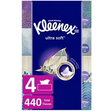 Kleenex Ultra Soft Facial Tissues, 4 Flat Boxes, 110 Tissues per Box (440 Tissues Total)