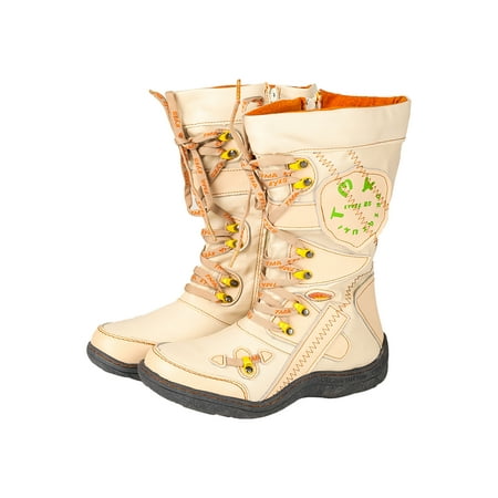 TMA EYES Patchwork Stitch-Detail PU Leather Mid-calf Women s Boot