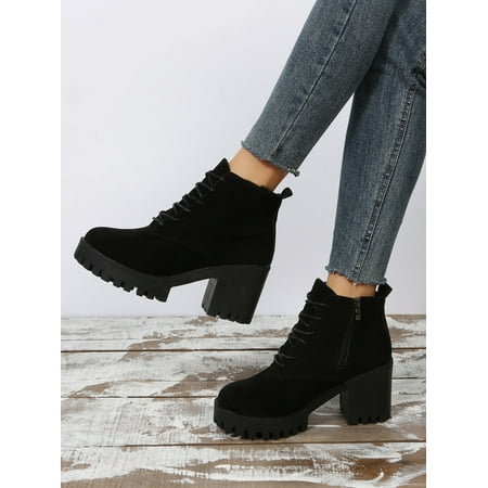 Suedette Side Zip Chunky Heeled Combat Boots Women‘s Footwear