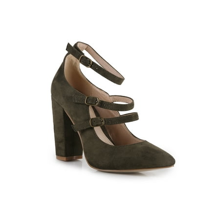 Almond Toe Women s Strappy Mary Jane Chunky Heel Pumps