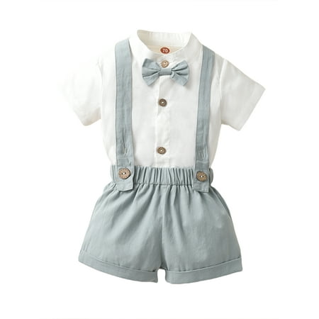 

Infant Baby Boys Gentleman Outfit Short Sleeve Bowtie Romper Suspender Shorts Overalls Summer Clothes Sets