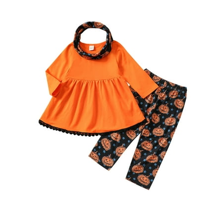 Binpure Girl Halloween Clothes Set Solid Color Tops+Pumpkin Print Pants+Scarf