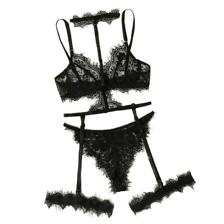 Sleepwear Bra+Garter+Briefs Cut-Out Lace Lingerie Set