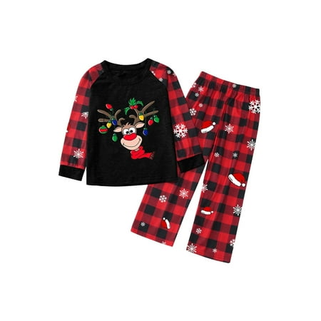 Family Matching Pajamas Sets Christmas Clothing Long Sleeve Cartoon Elk Print Top with Plaid Pants Sleepwear Loungewear