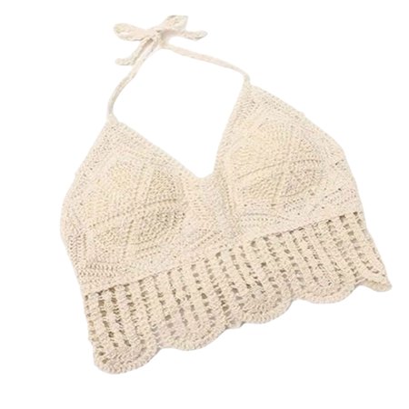 

OOKWE Women Boho Vacation Halter Bikini Bra Sexy V-Neck Backless Crochet Knit Geometric Camisole Scalloped Hem Padded Beach Bustier Crop Top