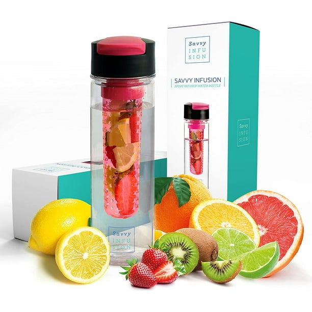 Savvy Outdoors Flip Top Fruit Infuser Water Bottle - 24 Ounce - Unique Leak Proof Lid - Bonus Recipe eBook Included