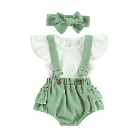 Gwiyeopda Infant Baby Girl Suspender Fly Sleeve T-shirt Top Bloomer Shorts 3Pcs Outfit Set