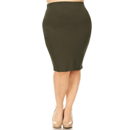 MOA COLLECTION Women's Solid Casual Elastic Waistband Stretchy Office Knee Length Midi Pencil Skirt