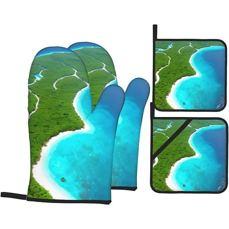 

Island in The Ocean Oven Mitt and Pot Holder Set Heat Resistant Oven Mitt Grill Mitt and Pot Holder Suitable for Kitchen Cooking and Baking and Microwave Oven (4 Pieces Set).
