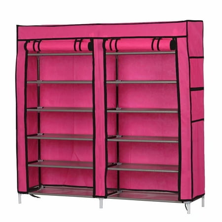Clearance!Fashionable Room-saving 12 Lattices Dual Rows Non-woven Fabric Shoe Rack Rose Red