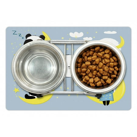 Panda Pet Mat for Food and Water, Animal Sleeping on the Moon, Non-Slip Rubber Mat for Dogs and Cats, 18" X 12", by Ambesonne