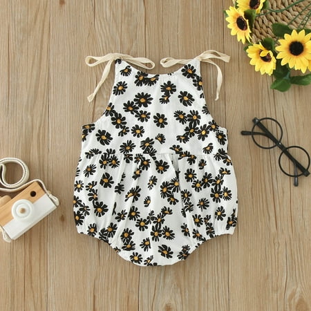 Aayomet Girls Sleeveless Daisy Prints Ruffle Romper Bodysuits Jumpsuit Clothes Toddler Girl Clothes White 3-6 Months