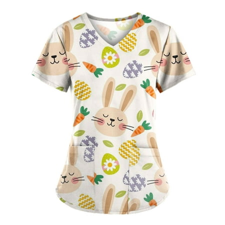 

Easter T Shirt Ladies US Sale Clearance Scrub Tops for Women Summer Short Sleeve Easter Egg V Neck Comfy Loose Fit Cute Rabbit Shirts Bunny Tees Pockets Flared Nursing Working Uniform Workwear Tops