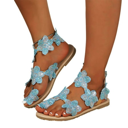 HAXMNOU Women S Beach Sandals Hollow Casual Slippers Flat Shoes Retro Sandals Flower Decoration Ladies Sandals Blue 39