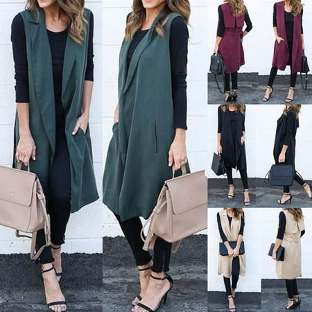 Multitrust Women's Plus Size Sleeveless Pocket Waistband Long Blazer Waistcoat Jacket Top