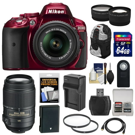 Nikon D5300 Digital SLR Camera & 18-55mm VR II Lens (Red) with 55-300mm VR Lens + 64GB Card + Battery & Charger + Backpack + Tele\/Wide Lens Kit