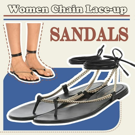 Alueeu Women Flip Flops Women s Summer Flat Chain Lace Up Slippers Flip Flops Outdoor Round Toe Shoes