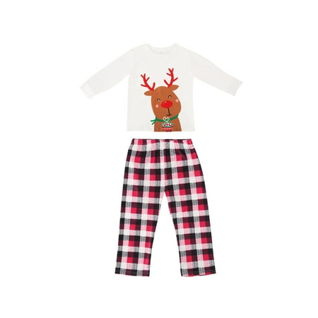 Okbabeha Matching Family Christmas Pajamas Cartoon Deer Tops + Plaid Pants