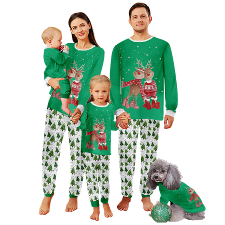 FUNIER Matching Family Christmas Pajamas Reindeer Christmas Tree Print Baby-Kids-Adult-Pet Size Top and Pants Bodysuits Pajamas Sets
