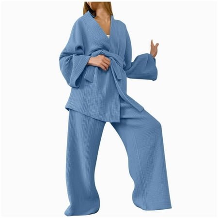 Solid Pajamas Set for Women Long Sleeve Belted Cardigan Sleepwear Nightwear V-Neck PJs Set 2 Piece Lounge Sets Womens Clothes
Solid Pajamas Set for Women Long Sleeve Belted Cardigan Sleepwear Nightwear V-Neck PJs Set 2 Piece Lounge Sets Womens Clothes