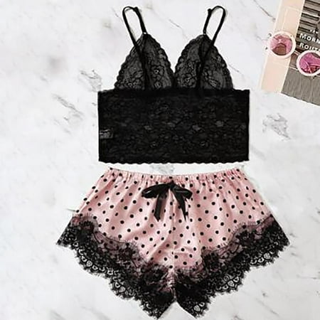 Women s Lace Trim Bralette Shorts Pajama Set Lingerie Nightwear