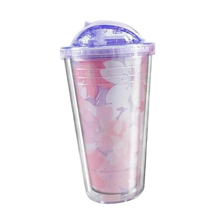 Plastic Cups with Lids and Straw Reusable Cold Cup for Beer Coffee Sakura Purple