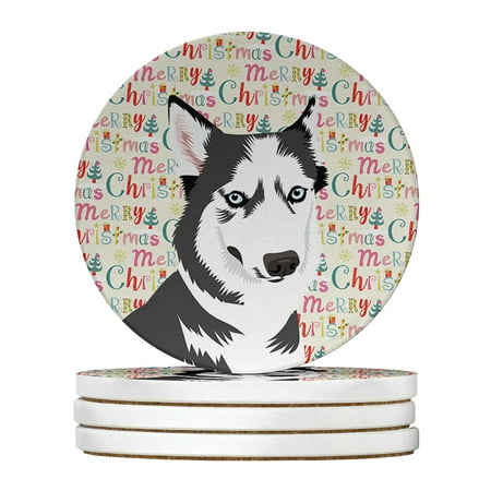 Siberian Husky Silver and White #2 Christmas Large Sandstone Coasters Pack of 4 4 in x 4 in