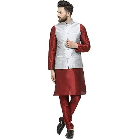 Royal Kurta Men s Silk Blend Kurta Pyjama & Nehru Jacket Set (42 Maroon-SIlver)