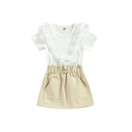 Kids Girls Skirt Set Long Sleeve Crew Neck Lace Patchwork T-shirt PU Leather Skirt