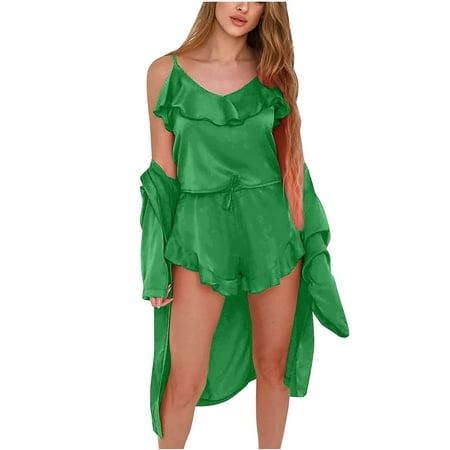 Women s 3 Piece Silk Satin Pajamas Sets Casual Soft Ruffled Cami Tops Shorts Sets Cute Pjs Sleepwear with Cardigan Ladies Clothes
Women s 3 Piece Silk Satin Pajamas Sets Casual Soft Ruffled Cami Tops Shorts Sets Cute Pjs Sleepwear with Cardigan Ladies Clothes