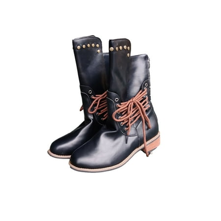 symoid Womens Mid Calf Boots- Shoes Laceing Low Heel Rivets Zipper Fashion Shoes Mid Leather Boots Black 39