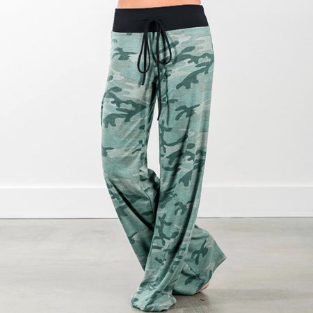 Fashion Women Loose Pants Drawstring Elastic Waist Straight Striped/Polka Dot/Camouflage/ Print Yoga Casual Trousers Homewear