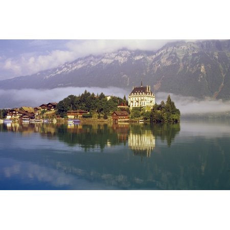 Scenic Mountain Lake And Town Canvas Art - Bilderbuch Design Pics (36 x 22)