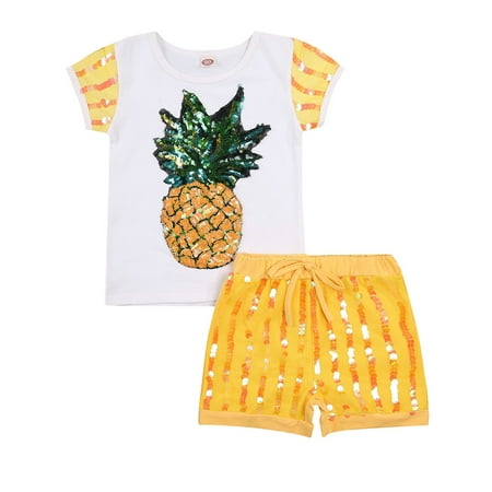 Toddler Baby Girl Summer Clothes Sequins Pocket Knitted Short Sleeve T-Shirts+Drawstring Shorts Outfit