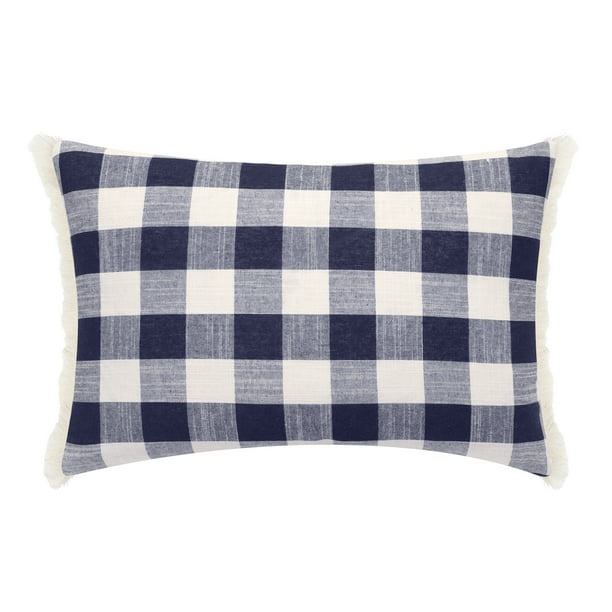 Better Homes & Gardens Feather Filled Plaid Gingham Fringe Decorative Throw Pillow, 14"x20"