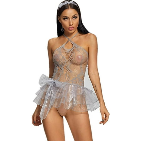 Fairydreamy Womens Sexy Lingerie Fishnet Babydoll Hollow-out Chemise Mini-dress Nightwear