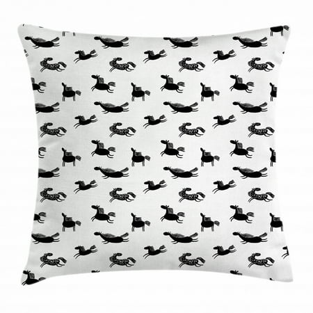 Horses Throw Pillow Cushion Cover, Cute Doodle Equidae Pattern Monochrome Cartoon Characters Galloping Trotting Pacing, Decorative Square Accent Pillow Case, 24 X 24 Inches, Black White, by Ambesonne