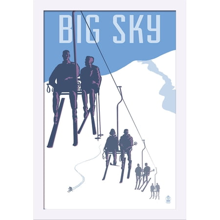 Big Sky, Montana - Skiers on Lift - Lantern Press Artwork (16x24 Giclee Art Print, Gallery Framed, White Wood)
