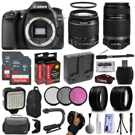 Canon EOS 80D DSLR Digital Camera with EF-S 18-55mm IS STM + 55-250mm IS II Lens + 128GB Memory + 2 Extra Extended Batteries + Wide Angle + Telephoto + Filters + Backpack + Case + Video Light + Kit Canon EOS 80D DSLR Digital Camera with EF-S 18-55mm IS STM + 55-250mm IS II Lens + 128GB Memory + 2 Extra Extended Batteries + Wide Angle + Telephoto + Filters + Backpack + Case + Video Light + Kit