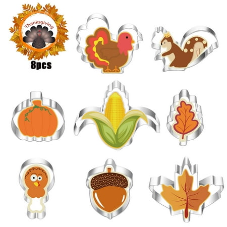 

Hapeisy Fall and Thanksgiving Cookie Cutter Set 8 Pcs Metal Cookie Cutters Mold with Pumpkin Turkey Maple Leaf Animal Shaped Cutters For Baby Shower Or Birthday Party