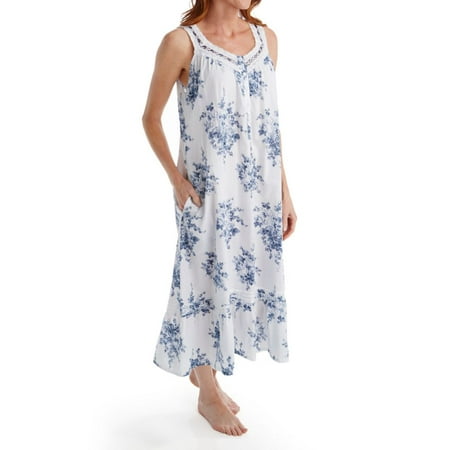 

Women s La Cera 1211G 100% Cotton Woven Sleeveless Floral Lace Yoke Gown (White/Blue M)